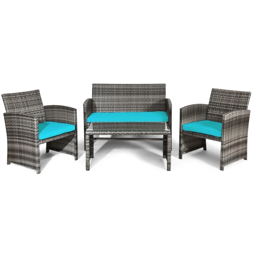 Gymax 4PCS Patio Outdoor Rattan Conversation Furniture Set w/ Turquoise Cushion