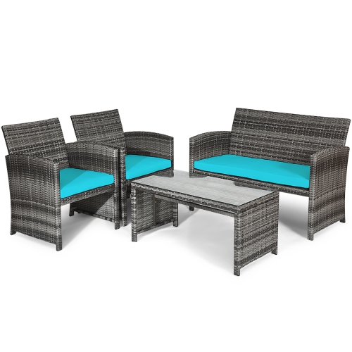 Gymax 4PCS Patio Outdoor Rattan Conversation Furniture Set w/ Turquoise Cushion