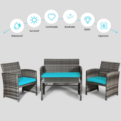 Gymax 4PCS Patio Outdoor Rattan Conversation Furniture Set w/ Turquoise Cushion