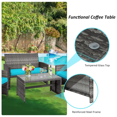 Gymax 4PCS Patio Outdoor Rattan Conversation Furniture Set w/ Turquoise Cushion