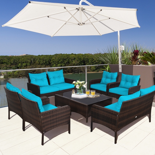 GYMAX  8PCs Rattan Patio Conversation Set Cushioned Outdoor Furniture Set