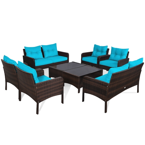 Gymax 8PCS Rattan Patio Conversation Set Cushioned Outdoor Furniture Set