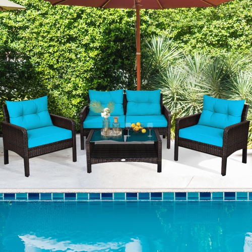 Gymax 8PCS Rattan Patio Conversation Set Cushioned Outdoor Furniture Set