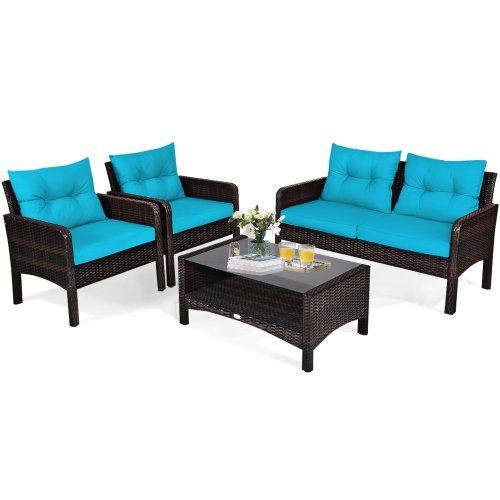 Gymax 8PCS Rattan Patio Conversation Set Cushioned Outdoor Furniture Set