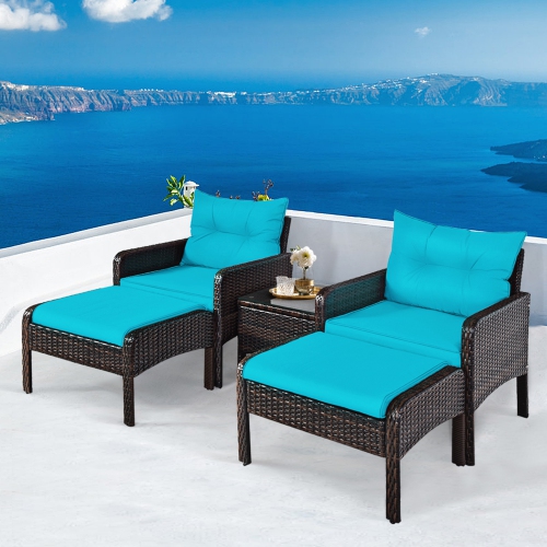 GYMAX  5PCs Patio Set Sectional Rattan Wicker Furniture Set W/ Cushion In Turquoise