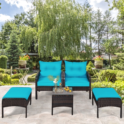 Gymax 5PCS Patio Set Sectional Rattan Wicker Furniture Set w/ Turquoise Cushion