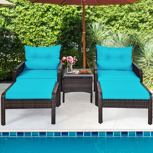 Gymax 5PCS Patio Set Sectional Rattan Wicker Furniture Set w/ Turquoise Cushion