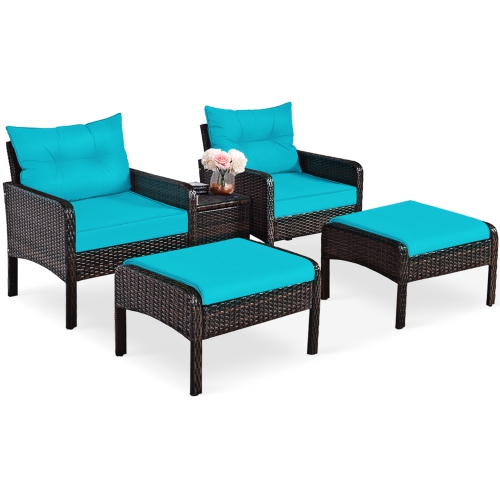 Gymax 5PCS Patio Set Sectional Rattan Wicker Furniture Set w/ Turquoise Cushion