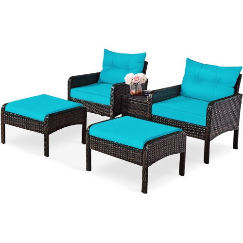 Gymax 5PCS Patio Set Sectional Rattan Wicker Furniture Set w/ Turquoise Cushion