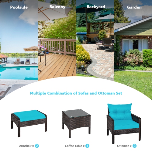 Gymax 5PCS Patio Set Sectional Rattan Wicker Furniture Set w/ Turquoise Cushion