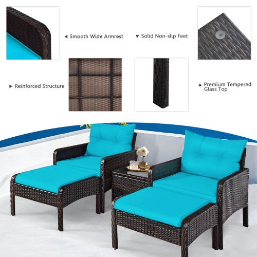Gymax 5PCS Patio Set Sectional Rattan Wicker Furniture Set w/ Turquoise Cushion