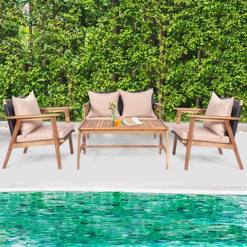 Gymax 4PCS Outdoor Furniture Set Patio Conversation Set w/ Wood Frame Cushion