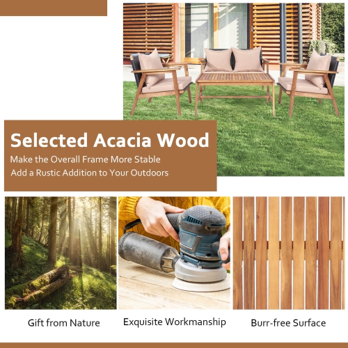 Gymax 4PCS Outdoor Furniture Set Patio Conversation Set w/ Wood Frame Cushion