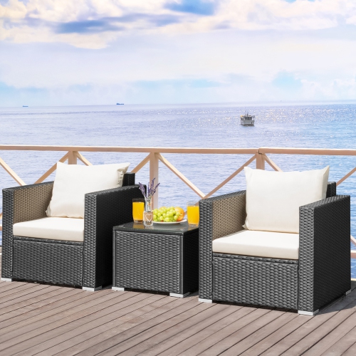 GYMAX  3PCs Rattan Patio Conversation Furniture Set Outdoor Sofa Set W/ Cushions
