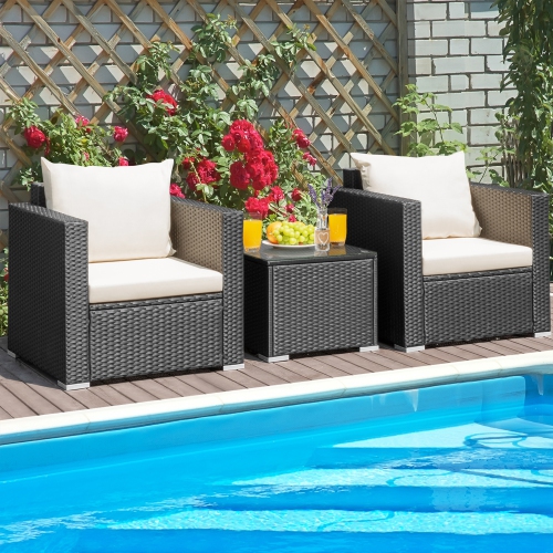Gymax 3PCS Rattan Patio Conversation Furniture Set Outdoor Sofa Set w/ Cushions