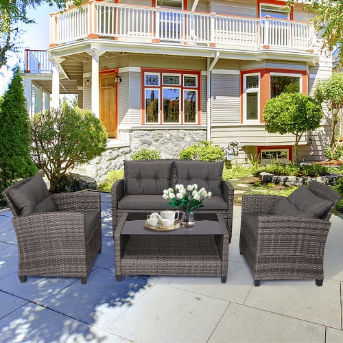 Gymax 8PCS Rattan Patio Conversation Set Cushioned Outdoor Furniture Set