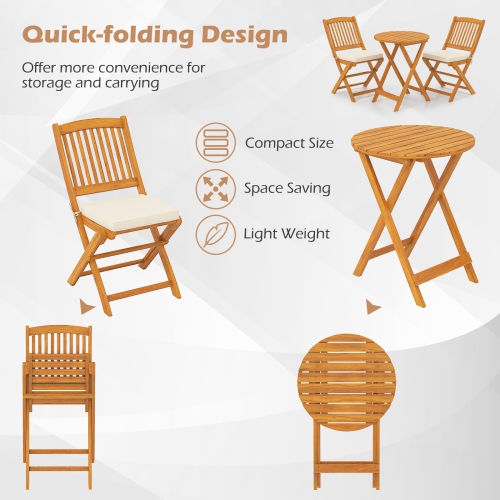 Gymax 3 PCS Patio Bistro Set Folding Dining Chairs w/ Coffee Table Padded Cushion Seats