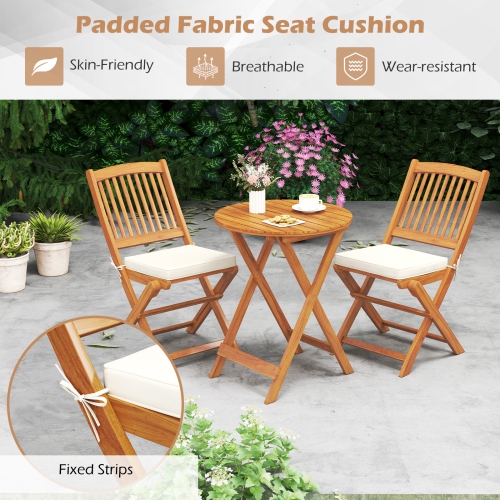 Gymax 3 PCS Patio Bistro Set Folding Dining Chairs w/ Coffee Table Padded Cushion Seats