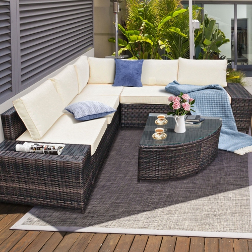 Gymax 6PCS Wicker Furniture Sectional Sofa Set w/ Cushions Off White