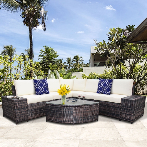 Gymax 6PCS Wicker Furniture Sectional Sofa Set w/ Cushions Off White