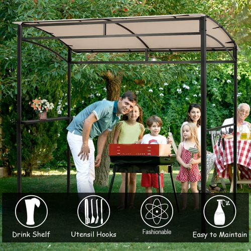 Gymax 7'x4.5' Grill Gazebo Outdoor Patio Garden BBQ Canopy Shelter Storage Hook Beige