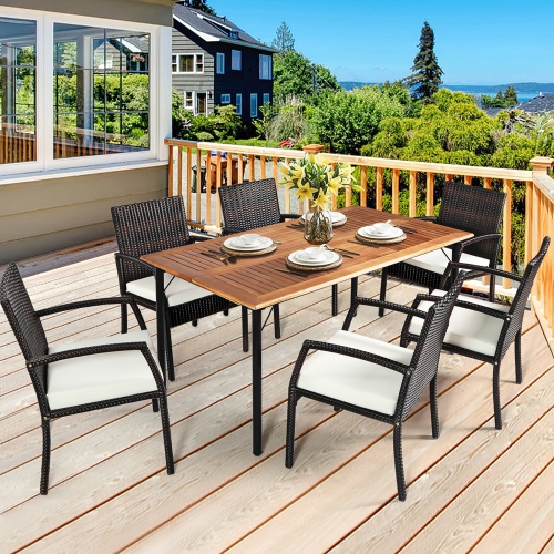 Gymax 7PCS Patio Dining Furniture Set w/ Wooden Tabletop Cushion Umbrella Hole