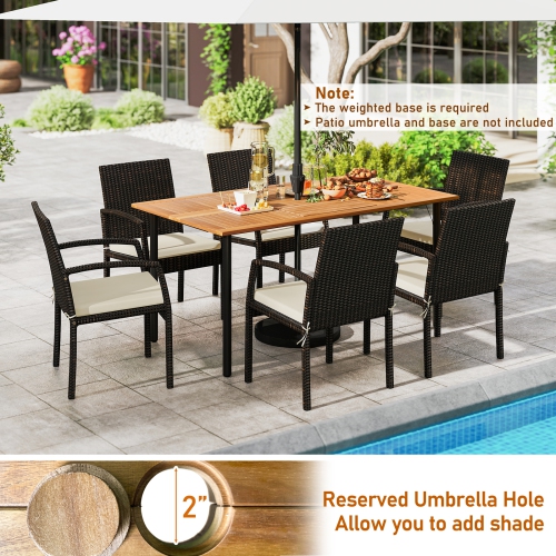 Gymax 7PCS Patio Dining Furniture Set w/ Wooden Tabletop Cushion Umbrella Hole