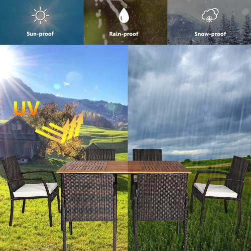 Gymax 7PCS Patio Dining Furniture Set w/ Wooden Tabletop Cushion Umbrella Hole