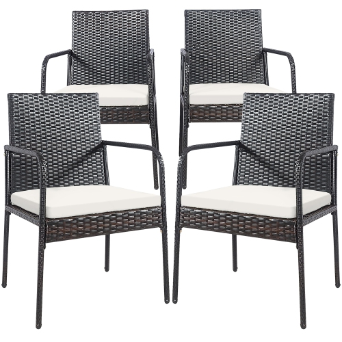 Gymax Set of 4 Rattan Wicker Dining Chairs Patio Outdoor w/ Cushion Armrest
