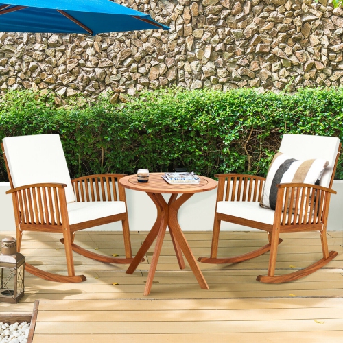 Gymax 3PCS Patio Rocking Chair Set Round Table Solid Wood Cushioned Sofa Garden Deck