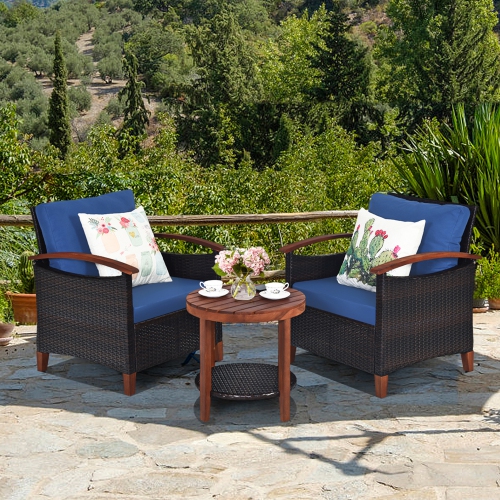Gymax 3PCS Patio Wicker Rattan Conversation Set Outdoor Furniture Set w/ Cushion