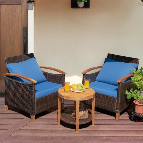 Gymax 3PCS Patio Wicker Rattan Conversation Set Outdoor Furniture Set w/ Cushion