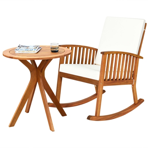 GYMAX  2PCs Patio Rocking Chair Set Round Table Solid Wood Cushioned Sofa Garden Deck
