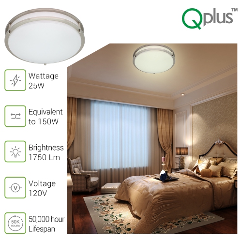 14 Inch Flush Mount LED Ceiling Light 25 Watts 1680 Lumens - Brushed Nickel-3000K Warm White- 1PK