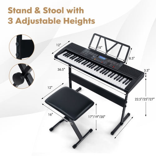 Gymax 61-Key Portable Electronic Keyboard Piano w/ Stand & Stool Complete Digital Piano Set