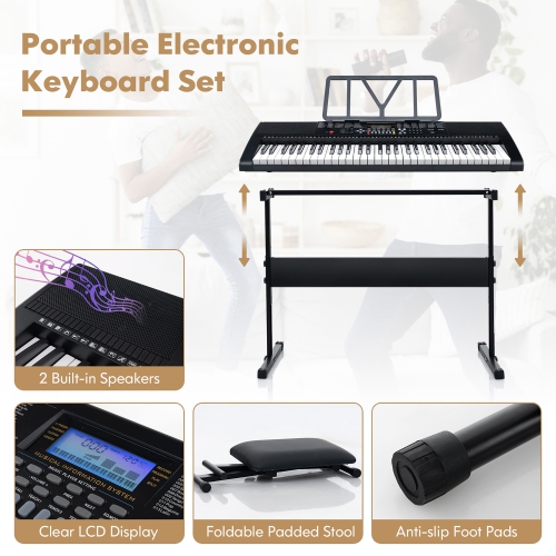 Gymax 61-Key Portable Electronic Keyboard Piano w/ Stand & Stool Complete Digital Piano Set
