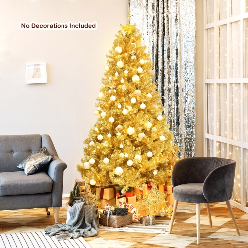 Gymax 7.5FT Tinsel Christmas Tree Artificial Hinged w/ Metal Stand Champagne Gold