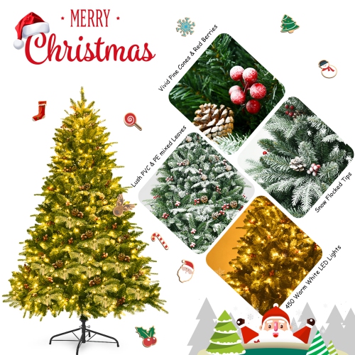 Gymax 6.5FT Pre-lit Pine Christmas Tree Snow Flocked Decoration Tree w/ LED Lights