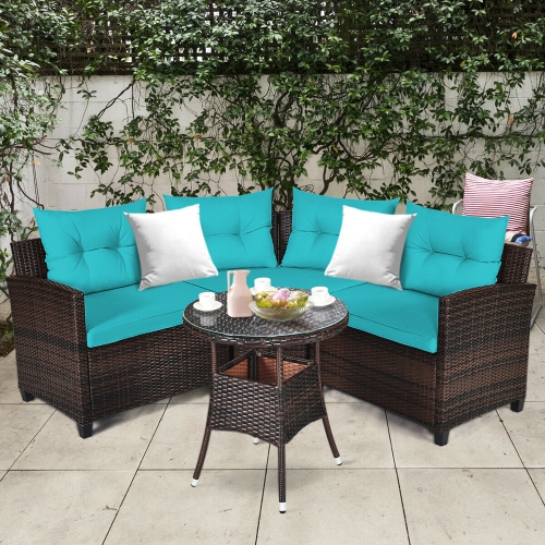 GYMAX  4PCs Patio Furniture Set Outdoor Rattan Sectional Sofa Set W/ Cushions In Turquoise