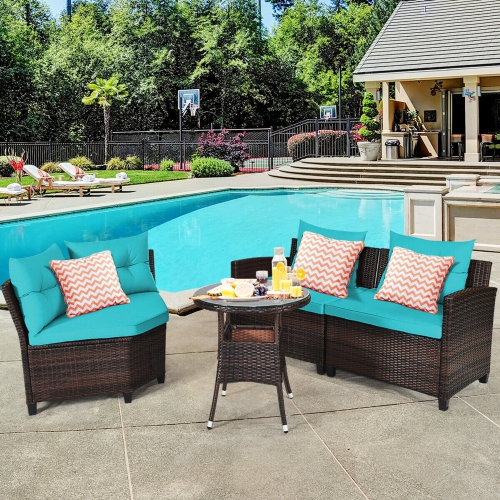 Gymax 4PCS Patio Furniture Set Outdoor Rattan Sectional Sofa Set w/ Turquoise Cushions