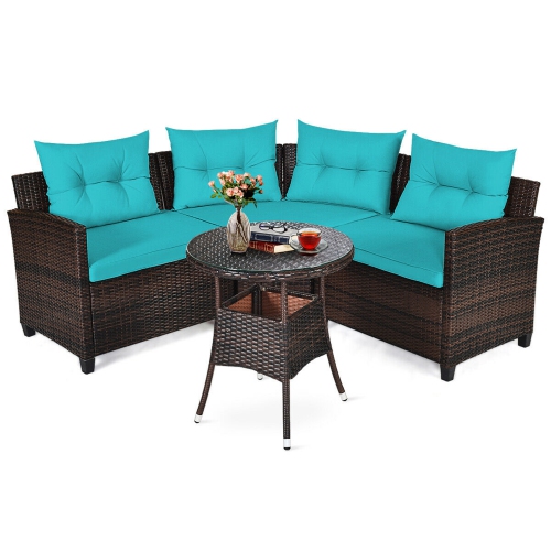 Gymax 4PCS Patio Furniture Set Outdoor Rattan Sectional Sofa Set w/ Turquoise Cushions