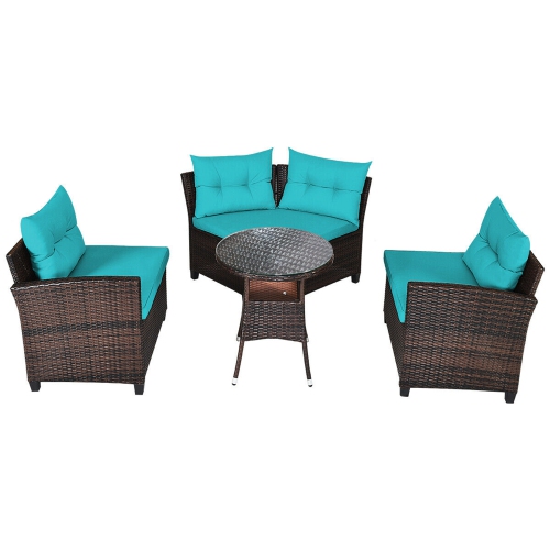 Gymax 4PCS Patio Furniture Set Outdoor Rattan Sectional Sofa Set w/ Turquoise Cushions