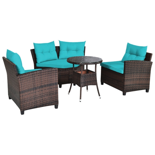 Gymax 4PCS Patio Furniture Set Outdoor Rattan Sectional Sofa Set w/ Turquoise Cushions
