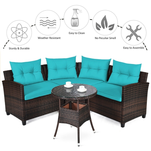 Gymax 4PCS Patio Furniture Set Outdoor Rattan Sectional Sofa Set w/ Turquoise Cushions