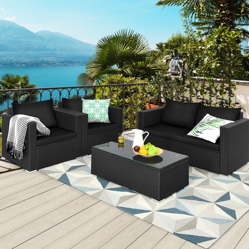 Gymax 4PCS Rattan Patio Conversation Set Outdoor Furniture Set w/ Black Cushions
