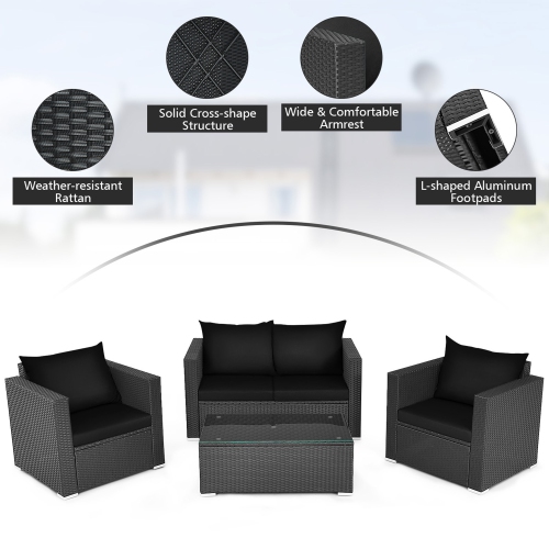 Gymax 4PCS Rattan Patio Conversation Set Outdoor Furniture Set w/ Black Cushions
