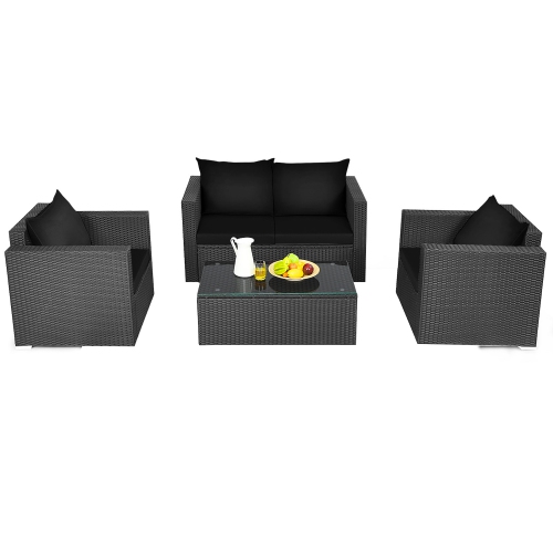 Gymax 4PCS Rattan Patio Conversation Set Outdoor Furniture Set w/ Black Cushions