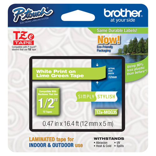 Brother P-Touch 12mm White Print on Lime Green Tape