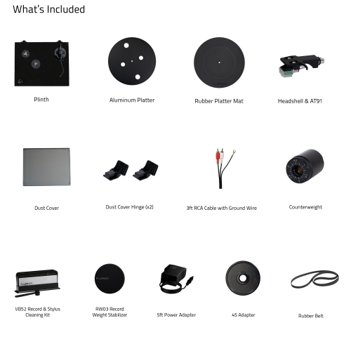 Tourne-disque en vinyle Elite RT81 de Fluance, cartouche d’Audio Technica avec poids de disque et trousse de nettoyage pour vinyle