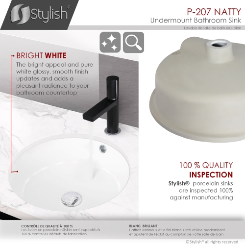 STYLISH 16 inch Round Undermount Ceramic Bathroom Sink with 2 Overflow Finishes
